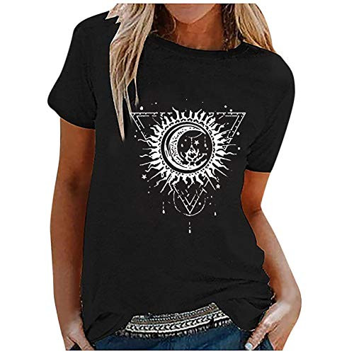 Dosoop Womens Short Sleeve TopsWomens Loose T-Shirts Casual Sun Moon Print Short Sleeves O-Neck Blouse Tops Funny Shirts
