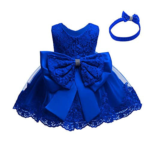 Lace Flower Girls Bowknot Tutu Dress for Kids Baby Christening Baptism Communion Birthday Party Formal Dress Toddler Princess Pageant Wedding Bridesmaid Gown with Headwear Royal Blue 18-24 Months