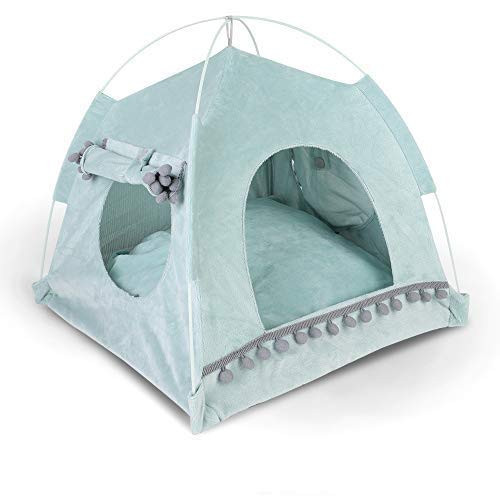 Pet Tent Cave Bed for Cat Small Dog 14x14x14 in with Removable Washable Cushion Pillow Portable Folding Cat Tent Kitten Bed Cat Hut Microfiber Indoor Outdoor Pet Bed Tent Warm Cozy Cave Puppy House