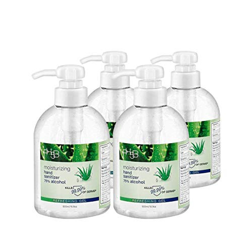 PH5B Moisturizing Hand Sanitizer with 75 Percent Alcohol Aloe Vera Gel and Vitamin E bottle of 16.9 oz -500ml- with pump Pack of 4