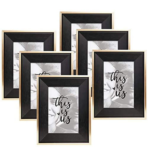 ArtbyHannah 6 Pack 4x6 Inch Modern Black Gold Picture Frame Set with High Definition Glass for Tabletop Display and Wall Mounting Photo Frame for Wedding or Home Decoration