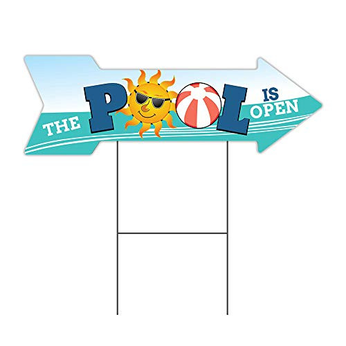 SignMission Corrugated Plastic Arrow Sign with Single Sided Image 12" X 36" - The Pool is Open Coroplast Yard Sign with Stake Made in The USA