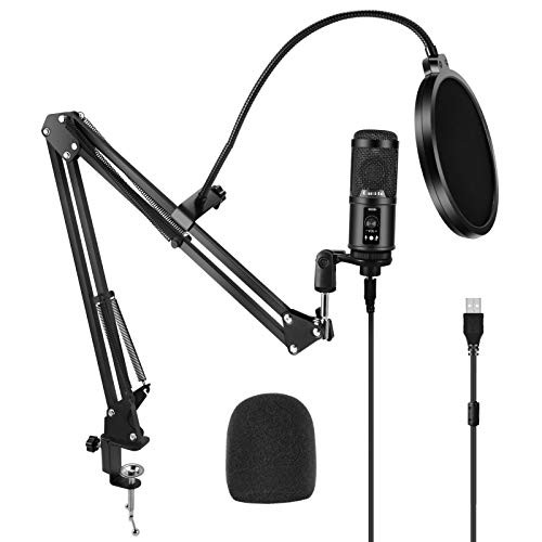 USB Microphone Kit Camide 192KHZ-24Bit Studio Condenser Computer PC Microphone Kit with Adjustable Scissor Arm Stand Shock Mount Recording Microphone for PC Gaming Streaming Podcasting -Black2-