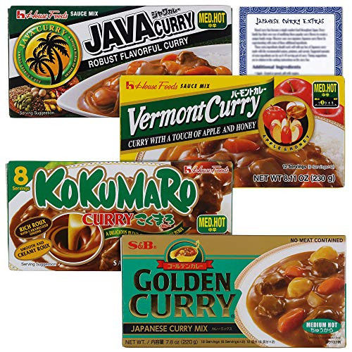 Japanese Curry Medium Hot Variety Pack  1 Box Each - Vermont Curry Golden Curry Kokumaro Curry and Java Curry  40 Servings Total  Bundled with Ballard Curry Recipe Card