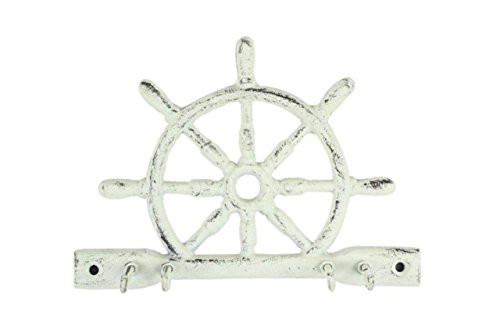 Hampton Nautical Cast Iron Ship Wheel with Hook, 8", Whitewashed