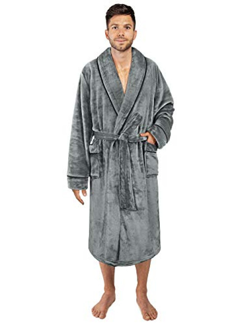 PAVILIA Mens Soft Robe Gray  Warm Fleece Robes for Men Soft Spa Bathrobe with Piping Shawl Collar and Pockets -Grey-