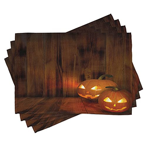 Lunarable Pumpkin Place Mats Set of 4 Jack o Lanterns Scary Halloween Photograph in a Wooden Interior Fall Themed Image Washable Fabric Placemats for Dining Room Kitchen Table Decor Orange Black