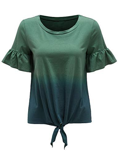Romwe Women's Short Sleeve Tie Front Knot Casual Loose Fit Tee T-Shirt Green Tie Dye L