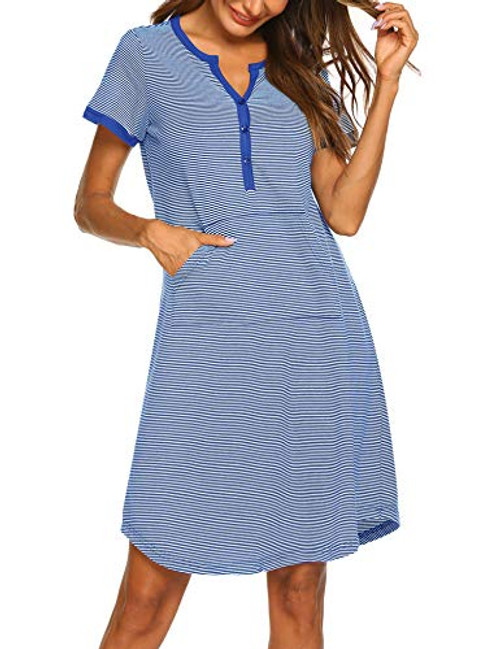 Ekouaer Nightgown Womens Striped Nightshirt Short Sleeve Sleepwear Top Button Down Sleepshirt Nightdress -L Royal Blue-