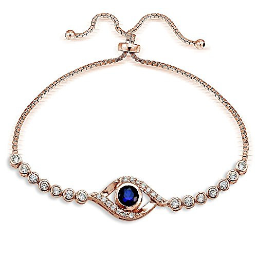Hoops  and  Loops Flash Plated Rose Gold Sterling Silver Blue Cubic Zirconia Evil Eye Adjustable Pull String Bracelet