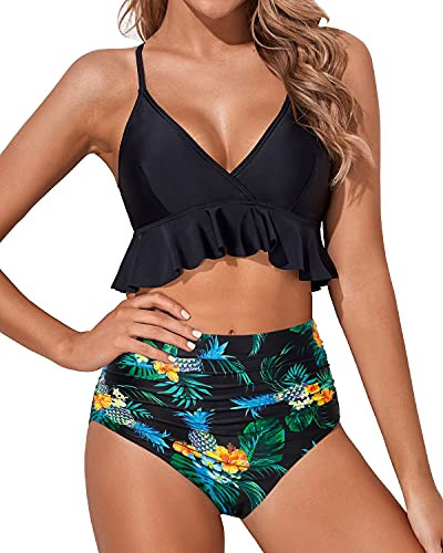 Tempt Me Women Black Tropical Floral Two Piece Swimsuits High Waisted Bikini Ruffle Flounce Tummy Control V Neck Bathing Suit M