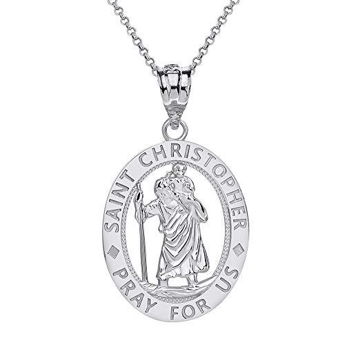 CaliRoseJewelry Sterling Silver Saint Christopher Pray for Us Oval Charm Pendant Necklace 16"