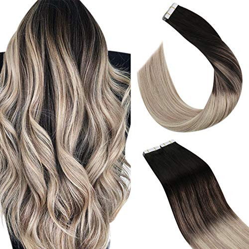 Ugeat Hair Extension Tape in Human Hair 12 Inch Tape in Extensions Remy Human Hair 20PCS 30Gram Seamless Skin Weft Hair Extensions Balayage 1B Black to 18 Blonde Mixed with 60 Blonde