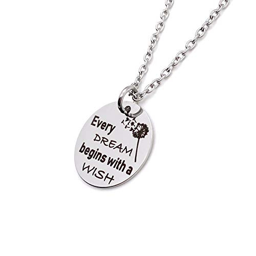 Silver 18 inch Inspirational Engraved Pendant Dandelion Necklace"Every Dream Begins with a Wish"