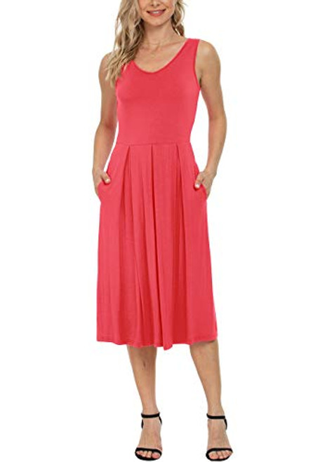 Women V Neck Loose Swing Sleeveless Pleated Midi Tank Pocket Dress Solid Coral L