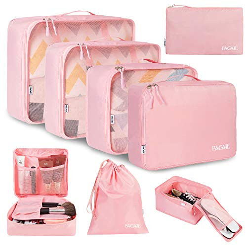 BAGAIL 8 Set Packing Cubes Lightweight Travel Luggage Organizers with Shoe Bag Toiletry Bag  and  Laundry Bag -Blush Pink-