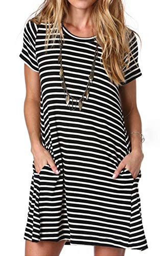 Alaster Womens Casual Summer T Shirt Dress Black Striped Loose Short Sleeve Tunic Dress with Pocket for Women