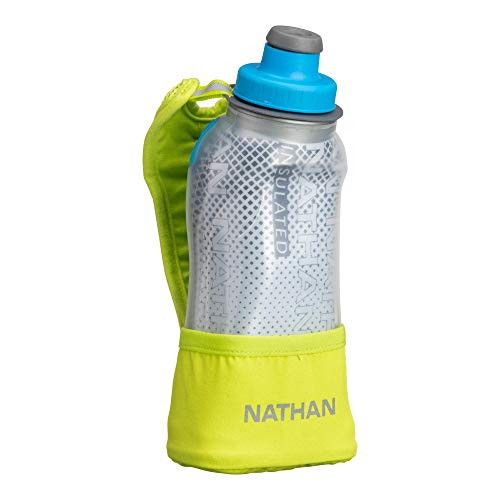 Nathan Running Handheld Quick Squeeze. No-Grip Adjustable Hand Strap. 12oz - 18oz - Insulated. Reflective Hydration Water Bottle. -12oz Insulated Lime-