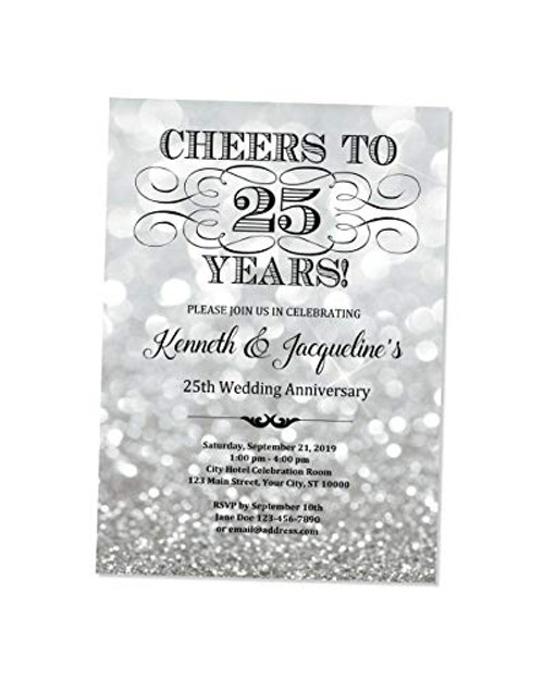 25th Wedding Anniversary Invitation Silver Sparkle 25th Anniversary Invitation Silver Bokeh Anniversary Invite Cheers to 25 Years