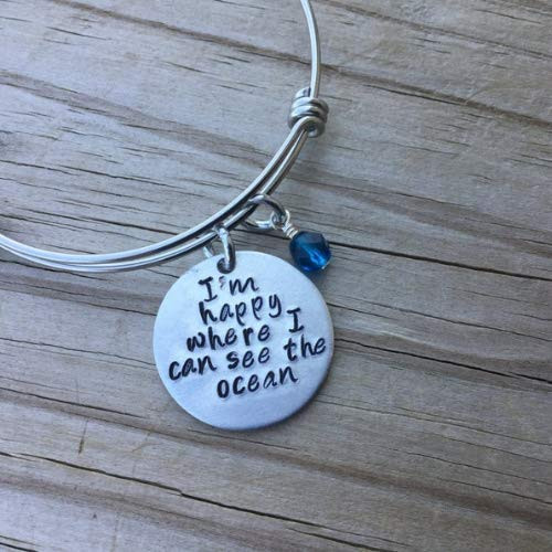 Hand-Stamped Bangle Bracelet"I'm happy where I can see the ocean" with your choice of bead