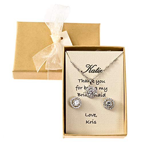 Bridesmaid Gift Bridesmaids jewelry Bridesmaids proposal Personalized message Bridesmaids Proposals Cubic Zirconia Jewelry Gift boxes -Silver Short-