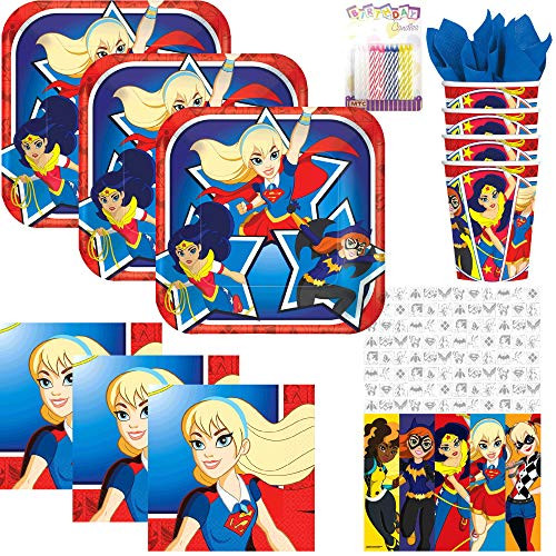Lobyn Value Pack DC Superhero Girls Party Supplies Pack Serves 16: Dessert Plates, Beverage Napkins, Cups, Table Cover, and Birthday Candles