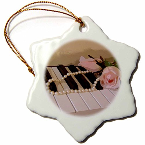 3dRose orn_35211_1 Pink Roses on Piano Keys Snowflake Porcelain Ornament, 3-Inch
