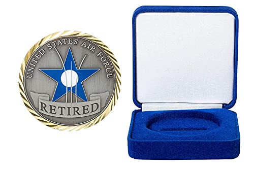 United States Air Force Retired USAF Challenge Coin and Blue Velvet Display Box