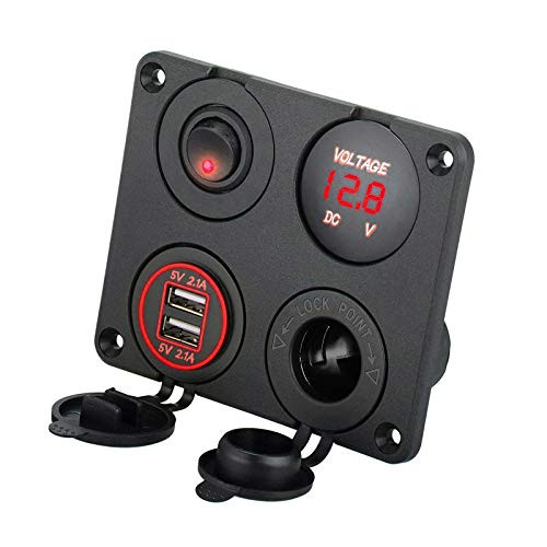 Linkstyle 4 in 1 Charger Socket Panel, 12V 4.2A Dual USB Charger Socket Power Outlet & LED Voltmeter & Cigarette Lighter Socket & Red LED Lighted ON Off Rocker Toggle Switch for Car Marine Boat Truck