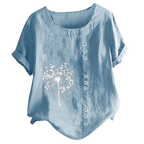 Women Cotton Linen Tops Short Sleeve O Neck Floral Print Basic T-Shirt Buttoned Graphic Shirt Casual Loose Blouse-DblueL-