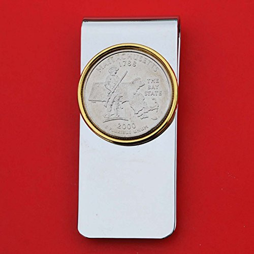 US 2000 Massachusetts State Quarter BU Uncirculated Coin Solid Brass Gold Silver Two Tone Money Clip New - High Quality