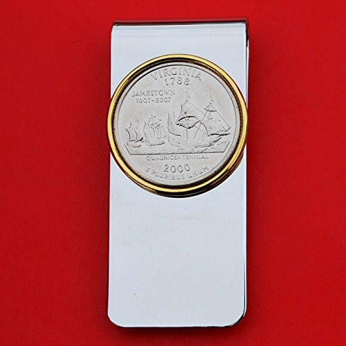 US 2000 Virginia State Quarter BU Uncirculated Coin Solid Brass Gold Silver Two Tone Money Clip New - High Quality