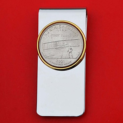 US 2001 North Carolina State Quarter BU Uncirculated Coin Solid Brass Gold Silver Two Tone Money Clip New - High Quality