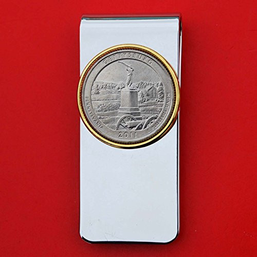 US 2011 Pennsylvania Gettysburg National Military Park Quarter BU Uncirculated Coin Solid Brass Gold Silver Two Tone Money Clip New - America the Beautiful