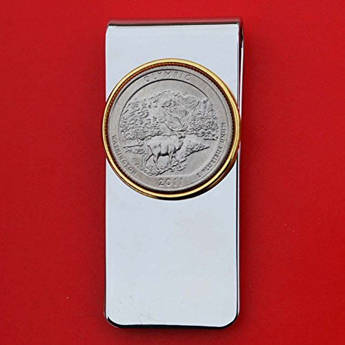 US 2011 Washington Olympic National Park Quarter BU Uncirculated Coin Solid Brass Gold Silver Two Tone Money Clip New - America the Beautiful