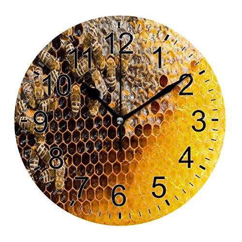 N-O Bathroom Clock Bedroom Wall Clock Honeycomb with Bees Wall Clock Non-Ticking Silent Clocks for Living Room Decor