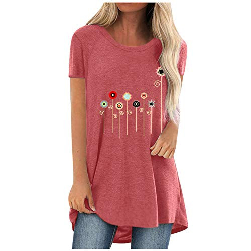 Bravetoshop Tunic Tops for Women Plus Size Short Sleeve O-Neck T Shirts Summer Casual Dandelion Graphic Tee Blouse -RedXL-