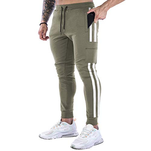 BOOMLEMON Men's Track Pants Joggers Casual Slim Pants Gym Workout Tapered Sweatpants with Stripes-Army Green Tag L-