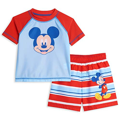 Disney Mickey Mouse Baby Boys Swim Rash Guard Swim Trunks Set Blue-Red 18 Months