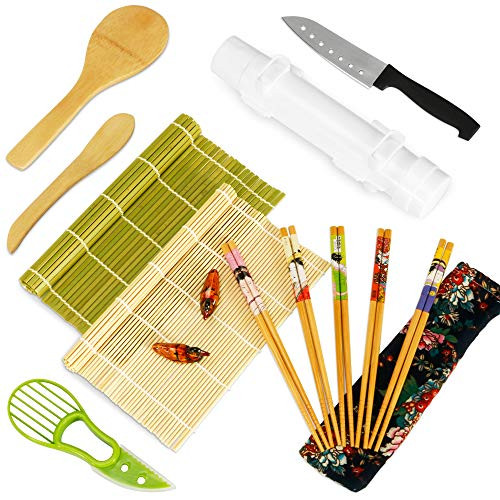 Sushi Making Kit 15 pieces Sushi Roller Kit for Beginners Bazooka Maker with Bamboo Mats Bamboo Chopsticks Spreader Paddle Sushi Knife Cotton Bag Chopsticks Holder Sushi Roller Machine
