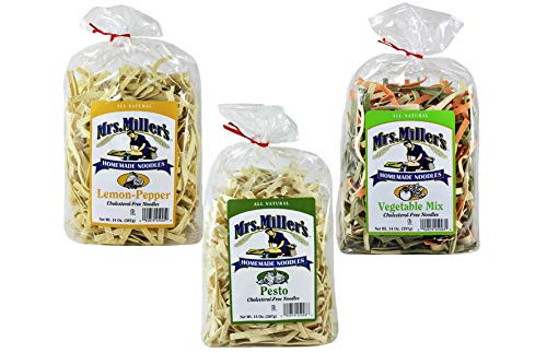 Mrs. Miller's Homemade Lemon Pepper Pesto Vegetable Mix Cholesterol-Free Noodles Variety Pack -1- 14 oz. Bag of Each- Mrs. Miller's Homemade Lemon Pepper Pesto Vegetable Mix Cholesterol-Free Noodles Variety Pack -1- 14 oz. Bag of Each-