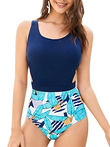 MOLYBELL One Piece Swimsuits for Women High Waisted Bathing Suit Monokini Floral Print Cutout Racerback Zip Up -Navy 6 Medium-
