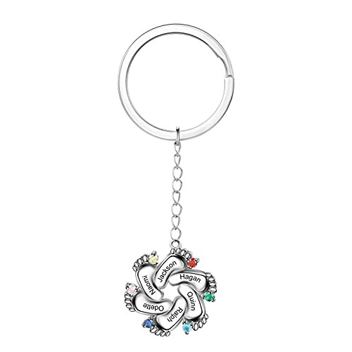 Personalized Mother Baby Feet Keychain with 1-6 Simulated Birthstone Custom Engraved 1-6 Family Name Baby Feet Key Ring for Mother's Day Birthday Jewelry Gifts for New Born Mother Wife Grandma-6 name-