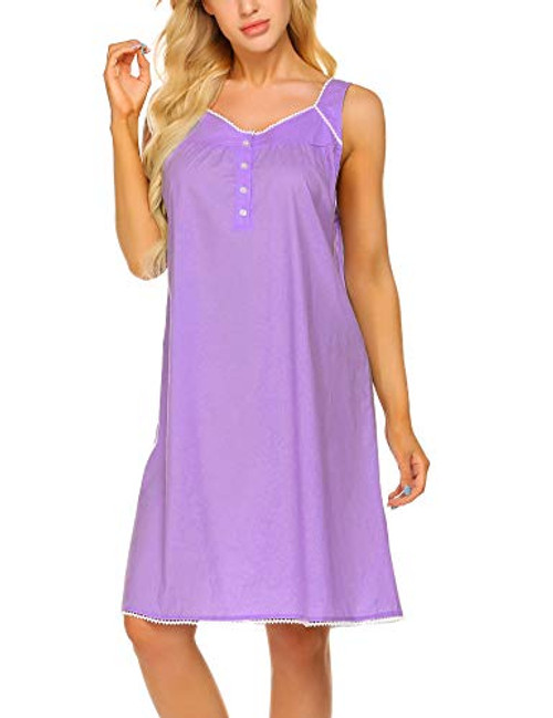 Ekouaer Women's Cotton Night Shirt Sleepwear Sleevless Soft Nightgowns Nightshirt Purple