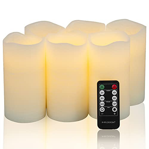 Flameless Candles Battery Operated Real Wax Pillar H-BLOSSOM LED Candles with 10 Key Remote Control Cycling 24 Hours Timer Set of 6 -3" x 6" Remote-