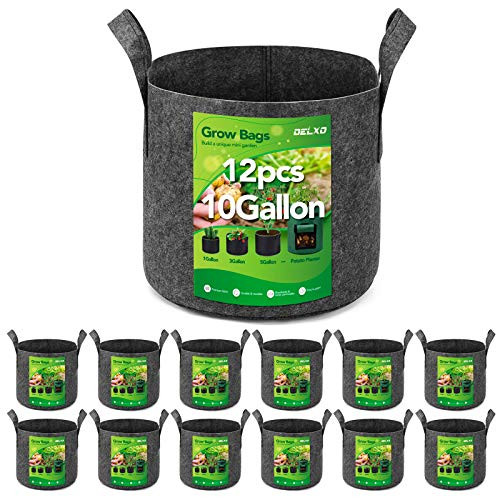 Delxo 12-Pack 10 Gallon Grow Bags Heavy Duty Aeration Fabric Pots Thickened Nonwoven Fabric Pots Plant Grow Bags Grey