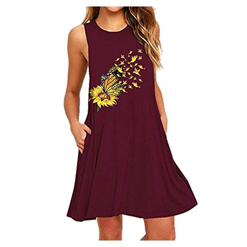 Handyulong Womens Dresses Summer Casual Sundress Sleeveless O-Neck Daisy Print Mini Dress Beach Tunic Tank Dress