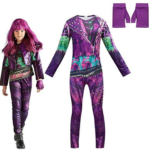 Halloween Fancy Dress for Girls Descendant 3 Mal Costume Cosplay Jumpsuits Gloves Party Outfit Set -Purple7-8 Years-