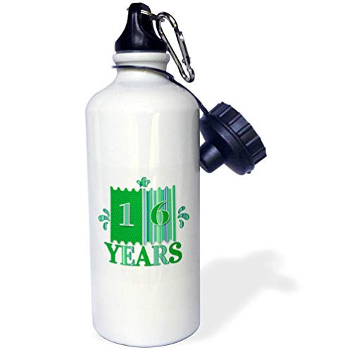 3dRose Doreen Erhardt Birthday Collection - Sixteen in Bold Green and Blue Patterns Anniversaries and Birthdays - Flip Straw 21oz Water Bottle -wb-322522-2-