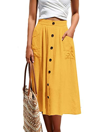 Naggoo Womens Casual Front Button A-Line Skirts High Waisted Midi Skirt with Pockets -M Yellow-